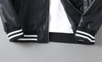 Black leather jacket hem with striped rib cuffs and zipper opening