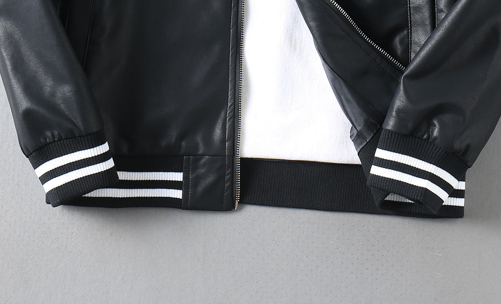 Black leather jacket hem with striped rib cuffs and zipper opening
