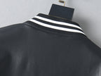 Black leather jacket knit collar trim with white-and-black striped bands