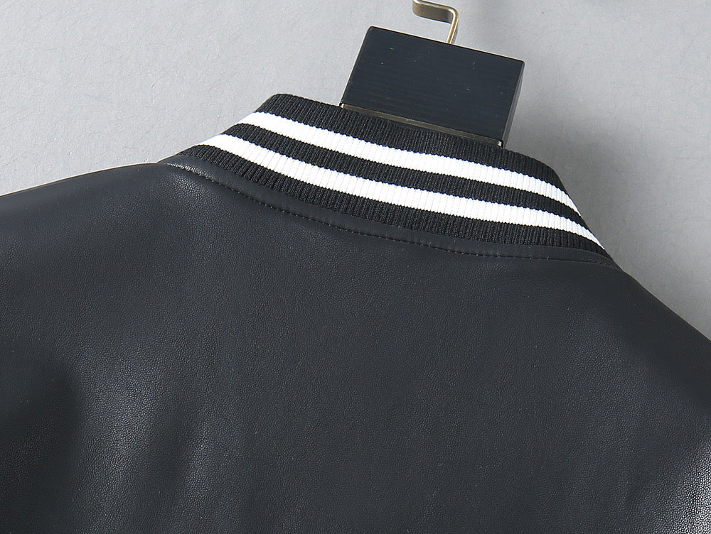 Black leather jacket knit collar trim with white-and-black striped bands