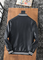 Prada leather jacket back view with striped ribbed hem cuffs
