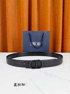 Dior leather belt with dark gray textured finish and round buckle