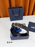 Dior belt with dark textured leather strap and D buckle in gold-tone