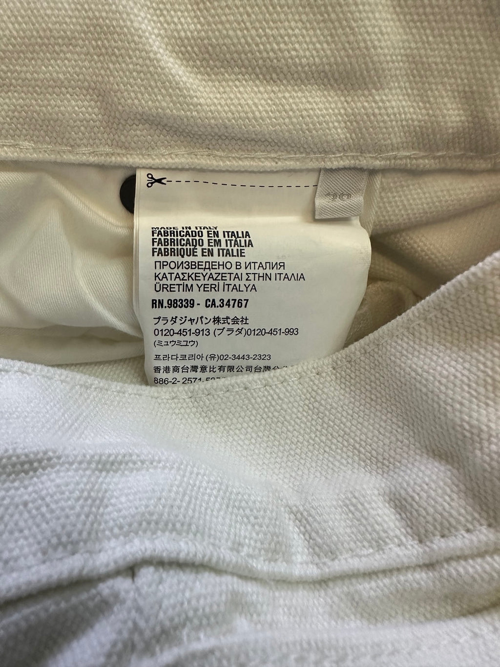 Prada interior care label with fabric info and size tag