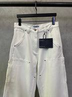 Prada white cargo pants front view with hanging brand tag