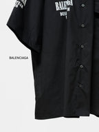 Balenciaga black short-sleeve shirt with partial sleeve logo and buttoned placket