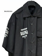 Balenciaga black short-sleeve button-up shirt with pointed collar and front logo print