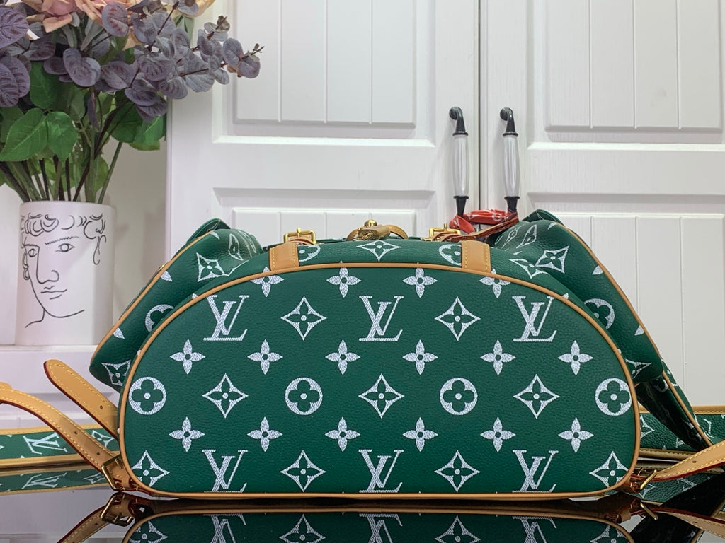 Louis Vuitton green monogram handbag with tan piping and wide zip top detail