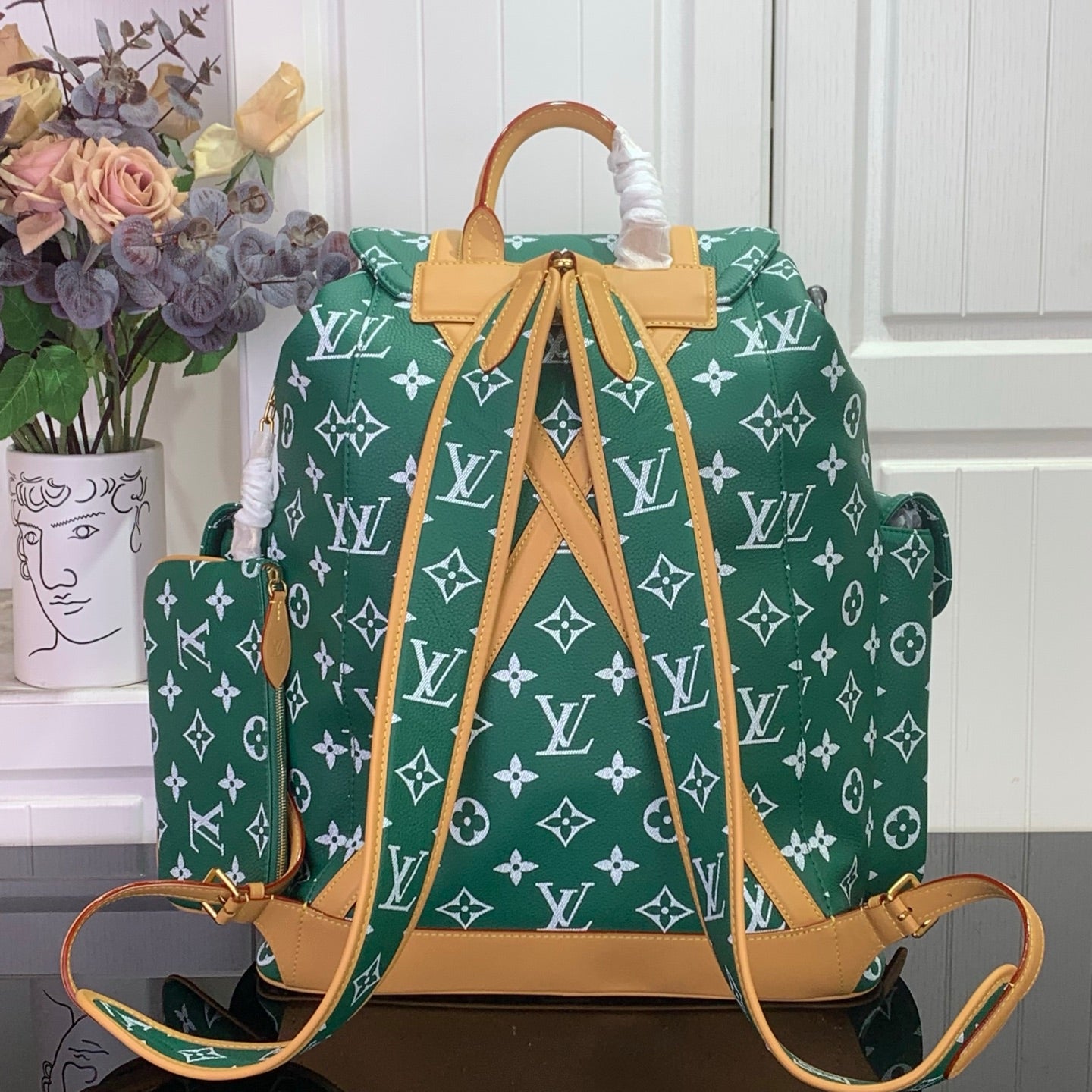 Louis Vuitton green monogram handbag with tan leather bow drawstring ties and white trim
