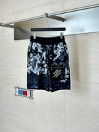 Louis Vuitton checkered shorts, dark blue and light gray, with side patch pocket