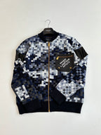 Blue and white checker knit zip sweater jacket with chest patch and ribbed cuffs