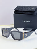 Square sunglasses with dark gray frames and tinted lenses, gold logo detail