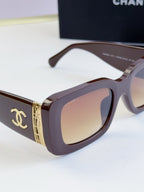 Close-up sunglasses with dark brown frames, tinted lenses, gold logo side detail