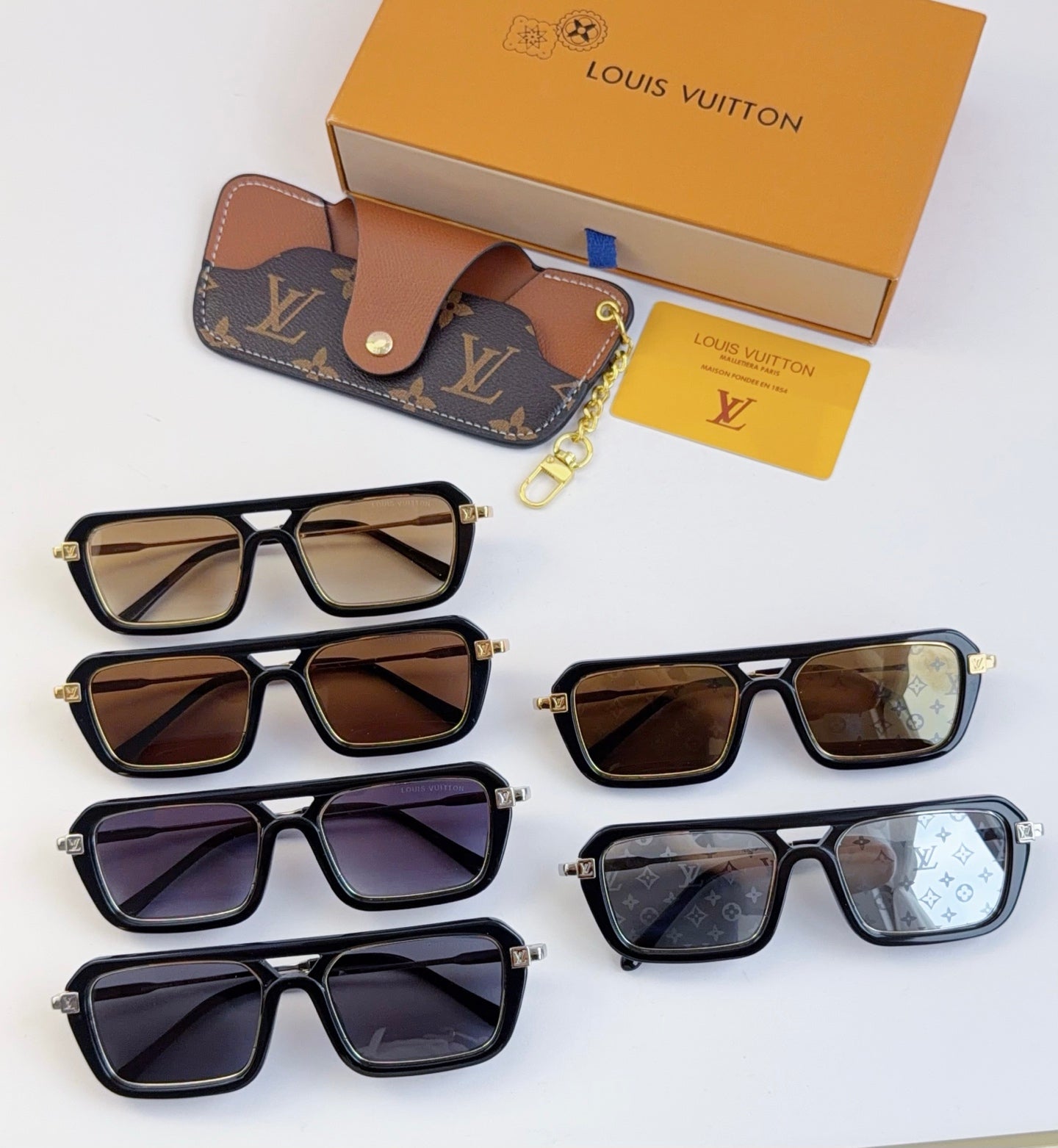 Louis Vuitton sunglasses set of four pairs with case and orange box, mixed lens colors