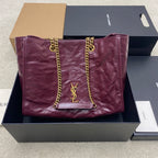 Burgundy quilted leather tote bag with gold chain shoulder straps and YSL logo center