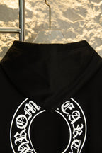 Black hoodie back with hood and large white circular logo print