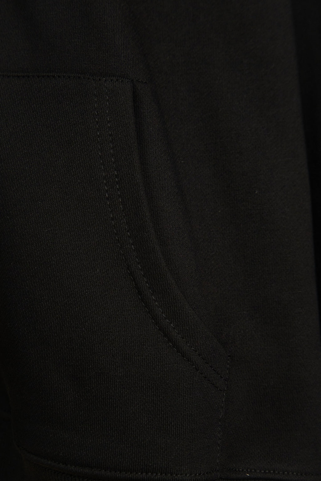 Black hoodie sleeve seam and side pocket stitching