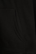 Black hoodie sleeve seam and side pocket stitching