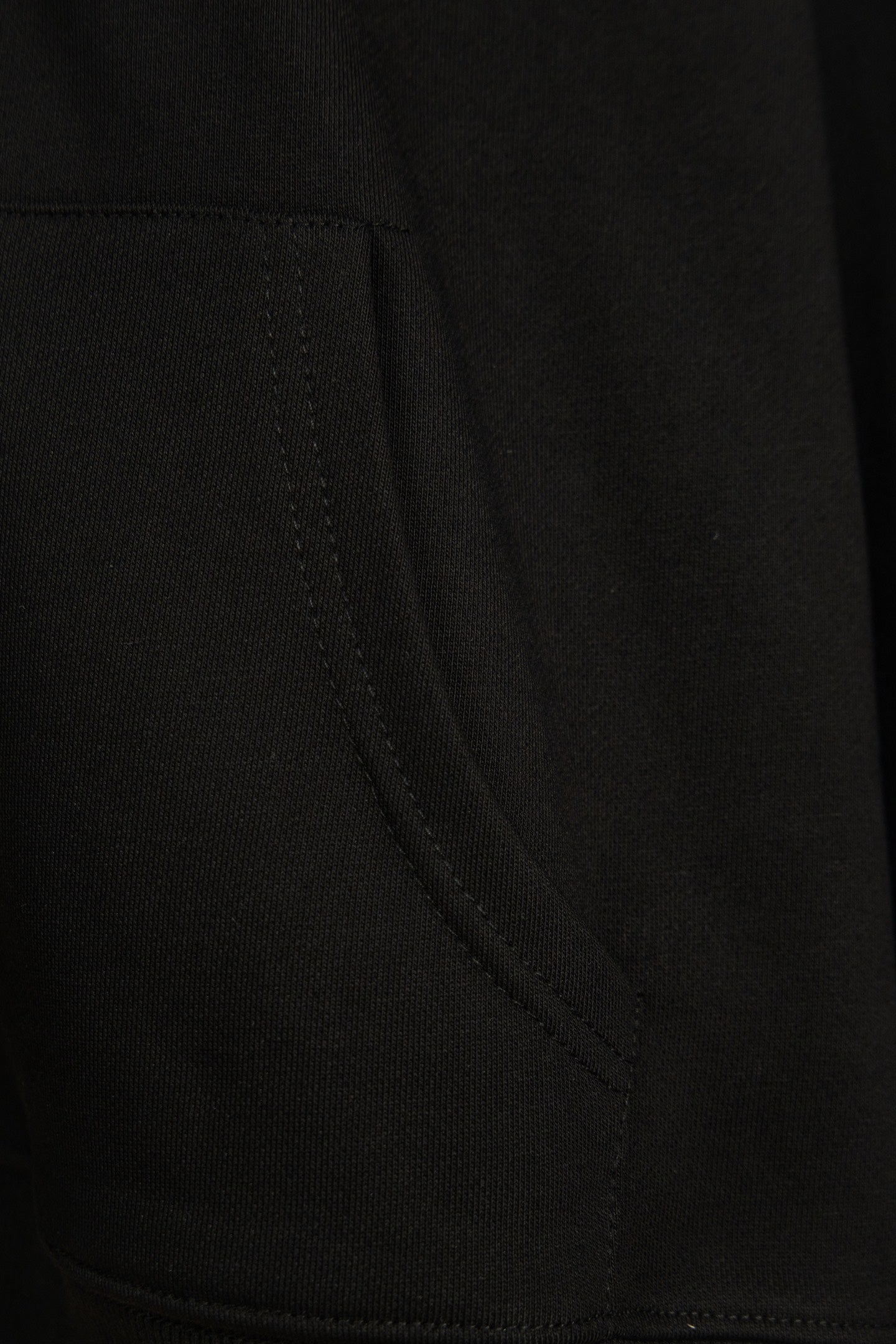 Black hoodie sleeve seam and side pocket stitching