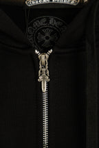 Black hoodie zipper and metal pull with embroidered collar graphic