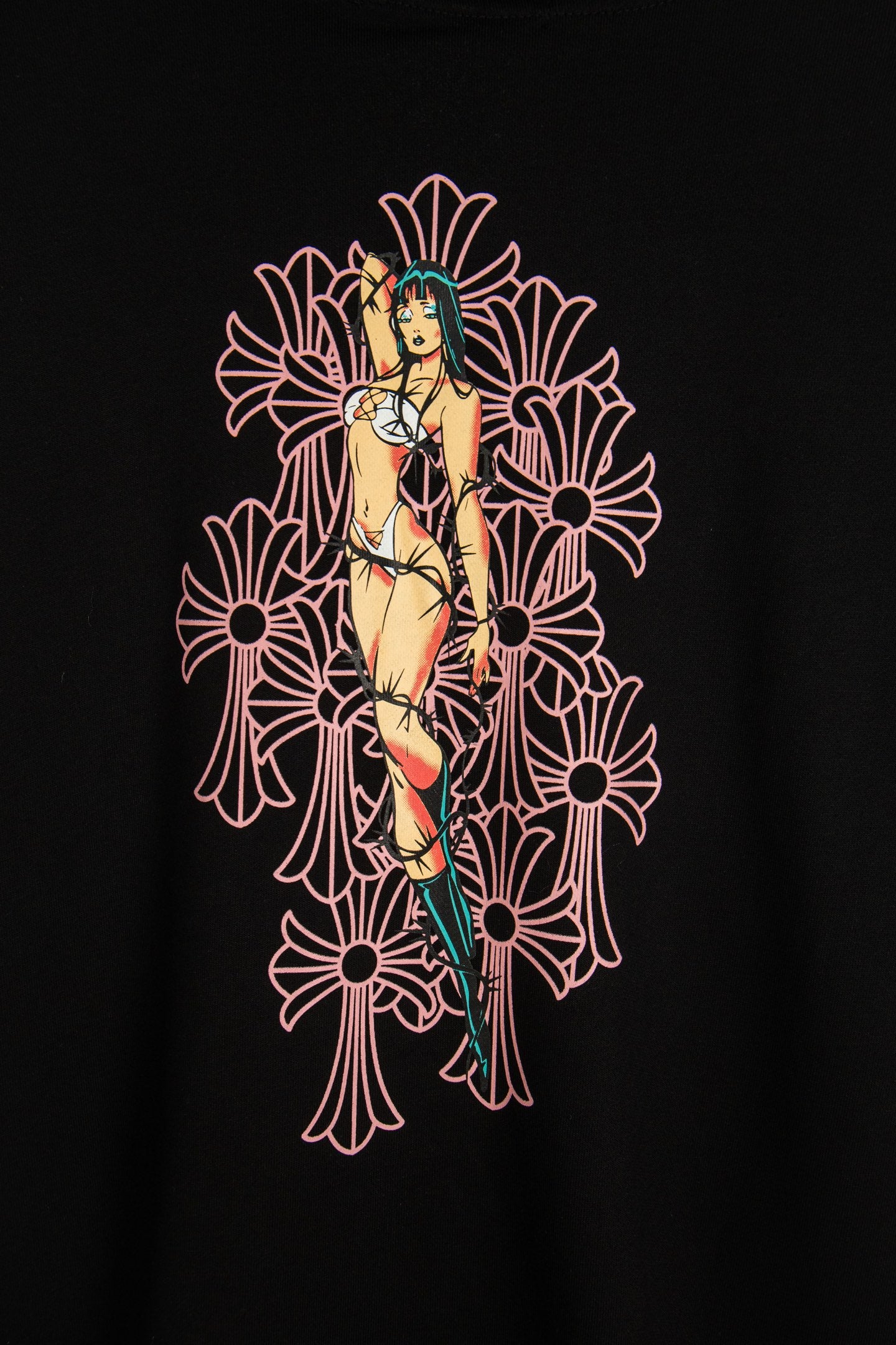 Black hoodie with colorful woman graphic centered on chest/upper back.