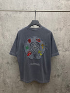 Grey short-sleeve T-shirt with large back-center embroidered graphic