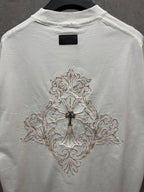 White short-sleeve T-shirt with large front cross embroidery on center back panel