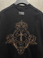 Black short-sleeve T-shirt with large ornate cross embroidery on back center