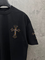 Black short-sleeve T-shirt with colorful cross on chest and sleeve embroidery