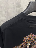 Black short-sleeve T-shirt with crew neck and small back label detail