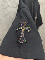 Black short-sleeve T-shirt with colorful cross embroidery on sleeve cuff