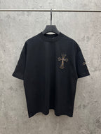 Black short-sleeve T-shirt with colorful cross embroidery on left chest