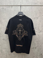 Black short-sleeve T-shirt with ornate cross embroidery on upper back