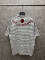 Striped short-sleeve T-shirt with red embroidered script across upper back, crew neck.