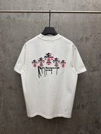 White short-sleeve T-shirt with large back graphic of patriotic figures and drips
