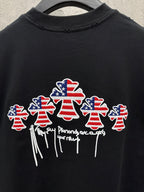 Black short-sleeve T-shirt with multiple USA angel graphic and drippy text
