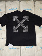 Black crewneck t-shirt with large white Off-White line-art graphic on the front.
