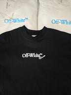Black crewneck T-shirt close-up with small white Off-White logo at center chest