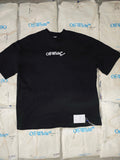 Black crewneck t-shirt with small Off-White logo print on the chest.