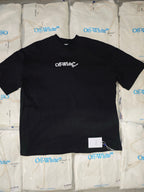 Black crewneck t-shirt with small Off-White logo print on the chest.