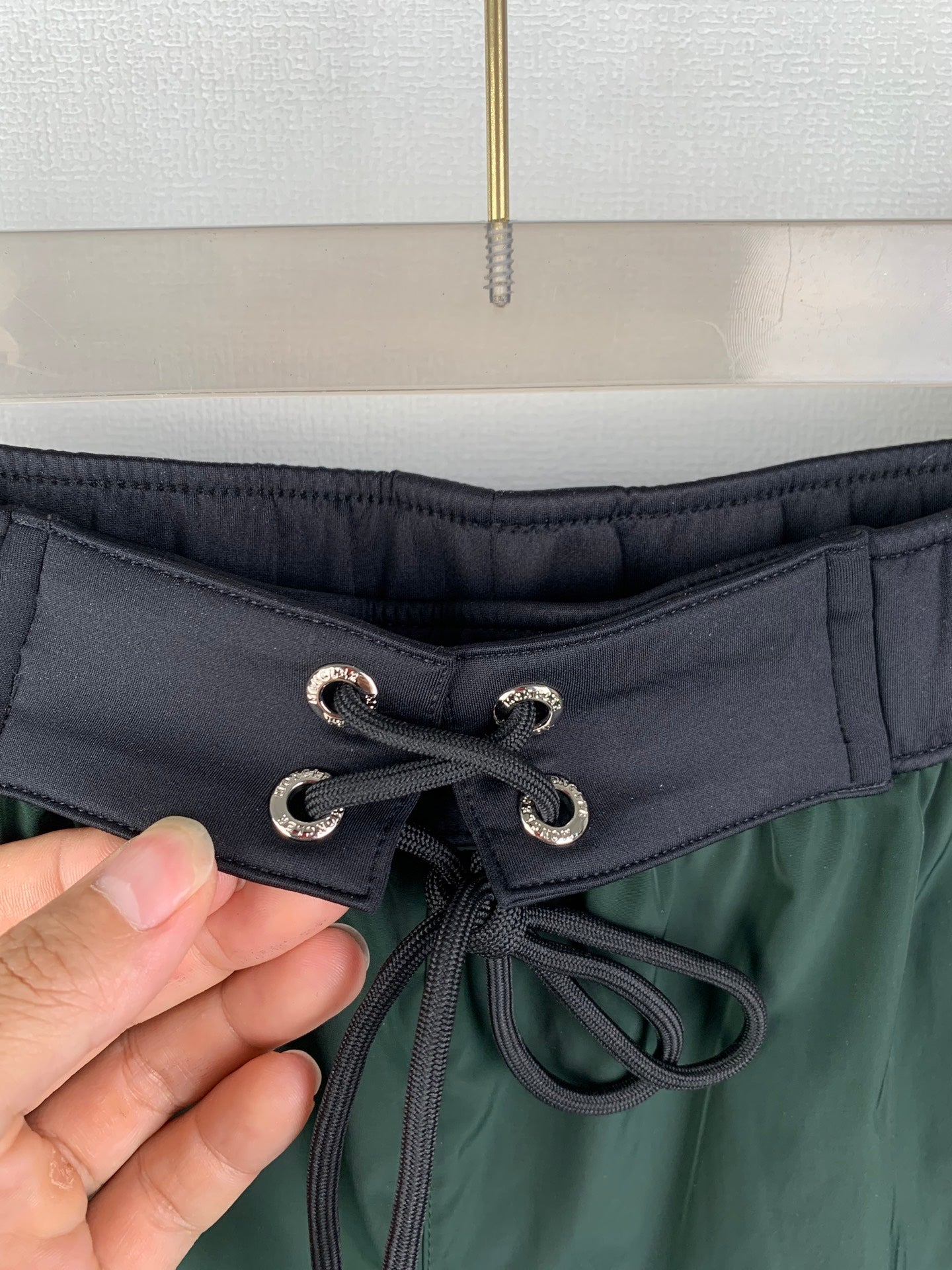 Moncler drawstring shorts with dark waistband and grommet eyelets