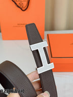 Dark brown leather belt buckle detail with gold-tone H clasp and embedded shine