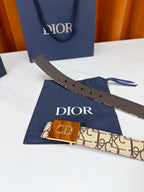 Dior belt with dark brown leather end, beige monogram section, gold-tone 'CD' buckle