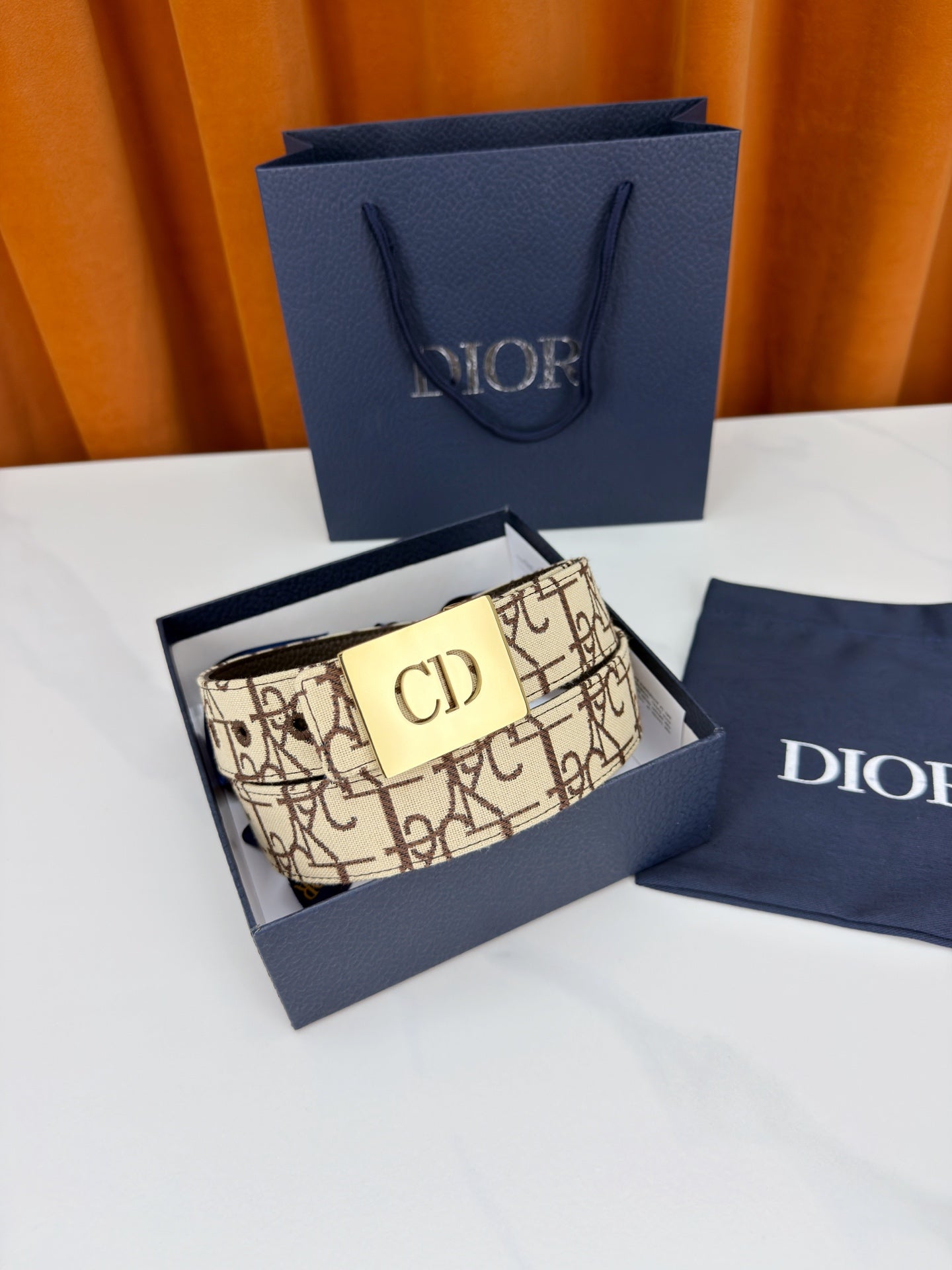 Dior belt in beige monogram canvas with gold-tone 'CD' buckle and dark leather trim