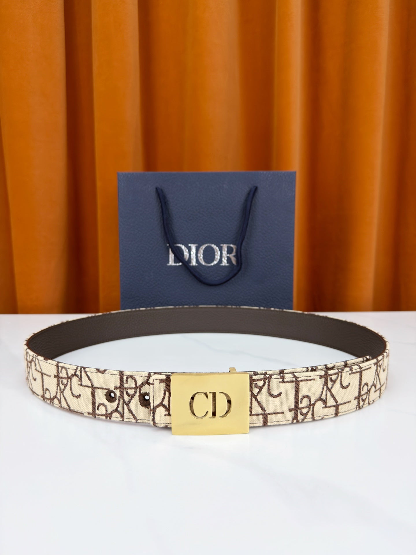 Dior belt with beige monogram canvas strap and gold-tone 'CD' buckle