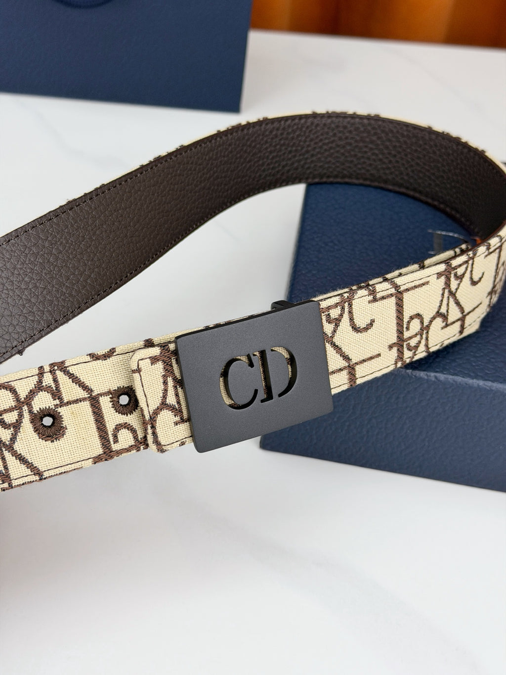 Dior belt with brown leather strap, beige monogram panel, and CD buckle