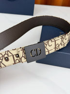 Dior belt with brown leather strap, beige monogram panel, and CD buckle