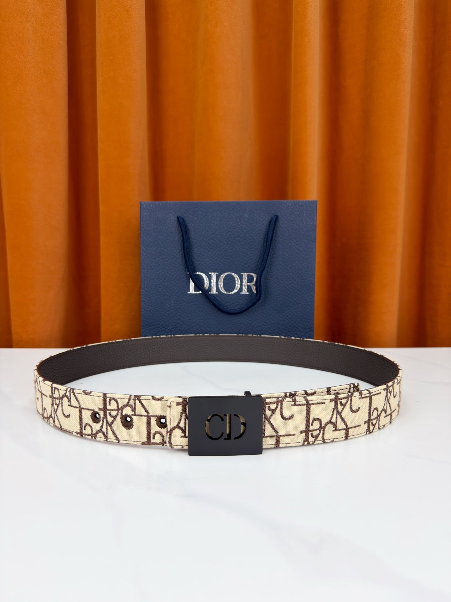 Dior belt with beige monogram canvas and black square CD buckle
