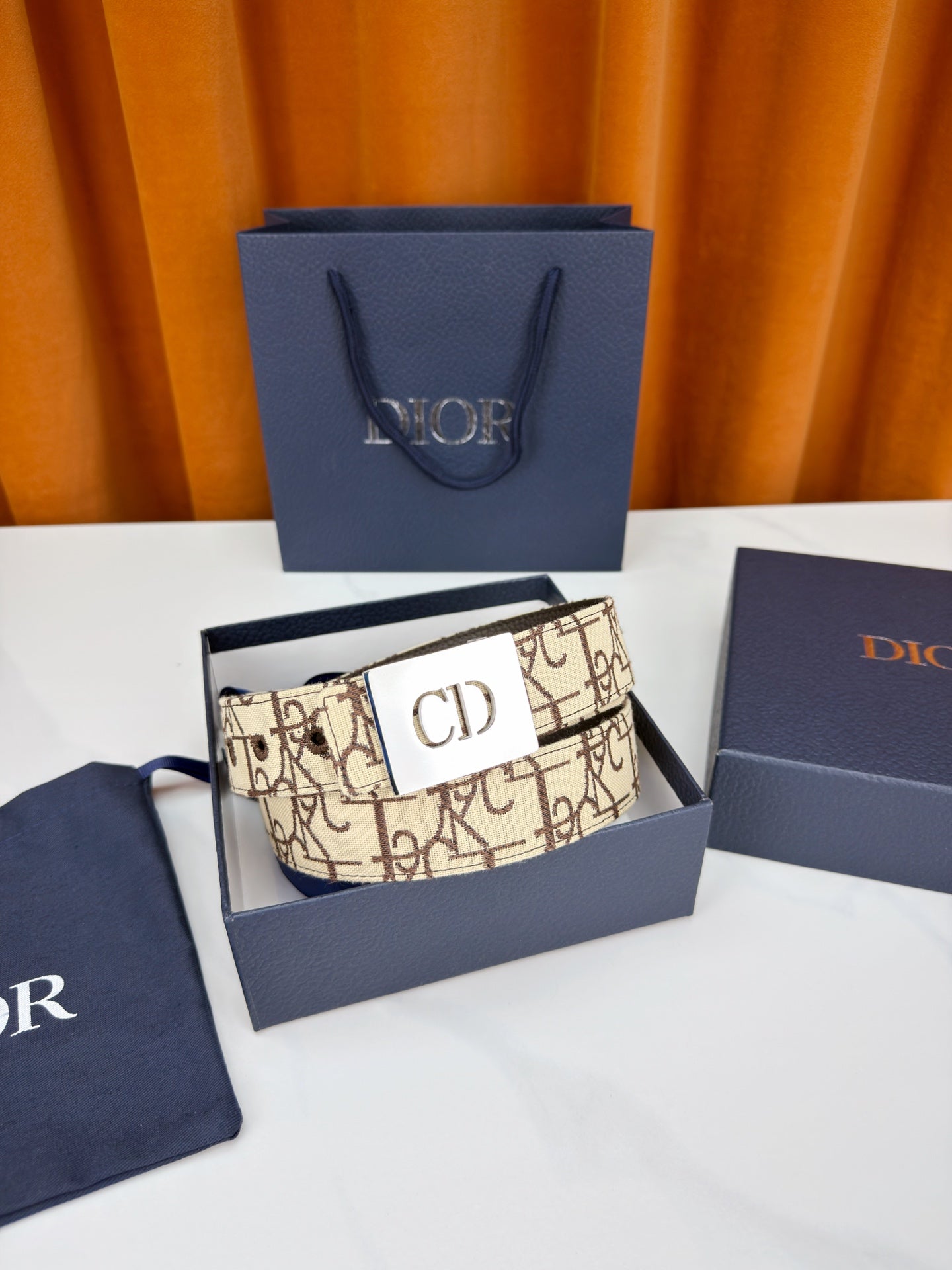 Dior monogram belt with CD buckle, beige canvas strap with dark trim
