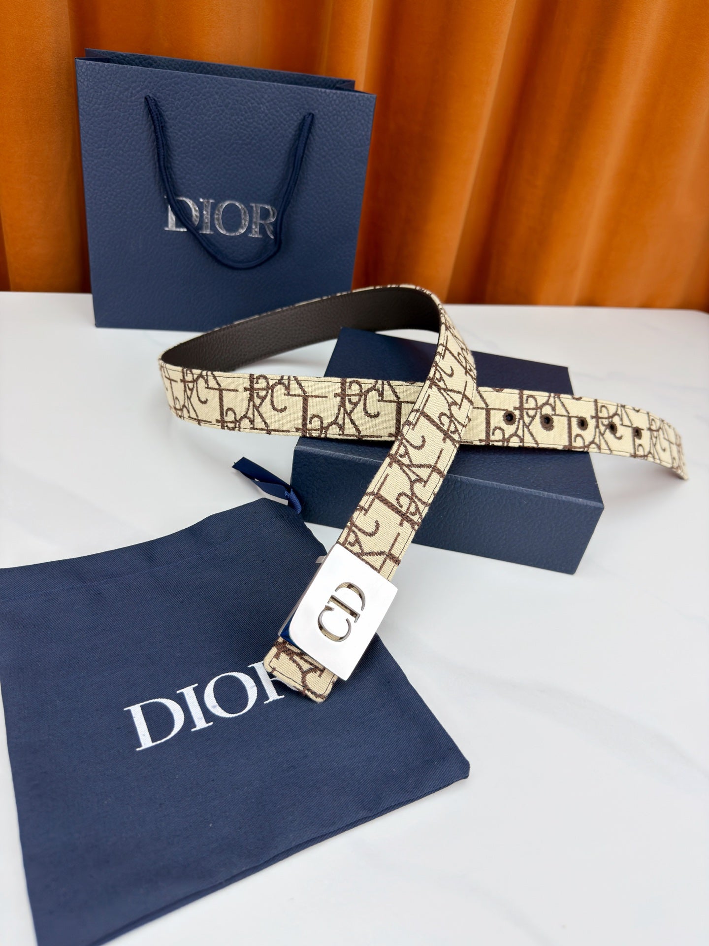 Dior monogram belt with CD buckle, beige canvas and dark leather edge